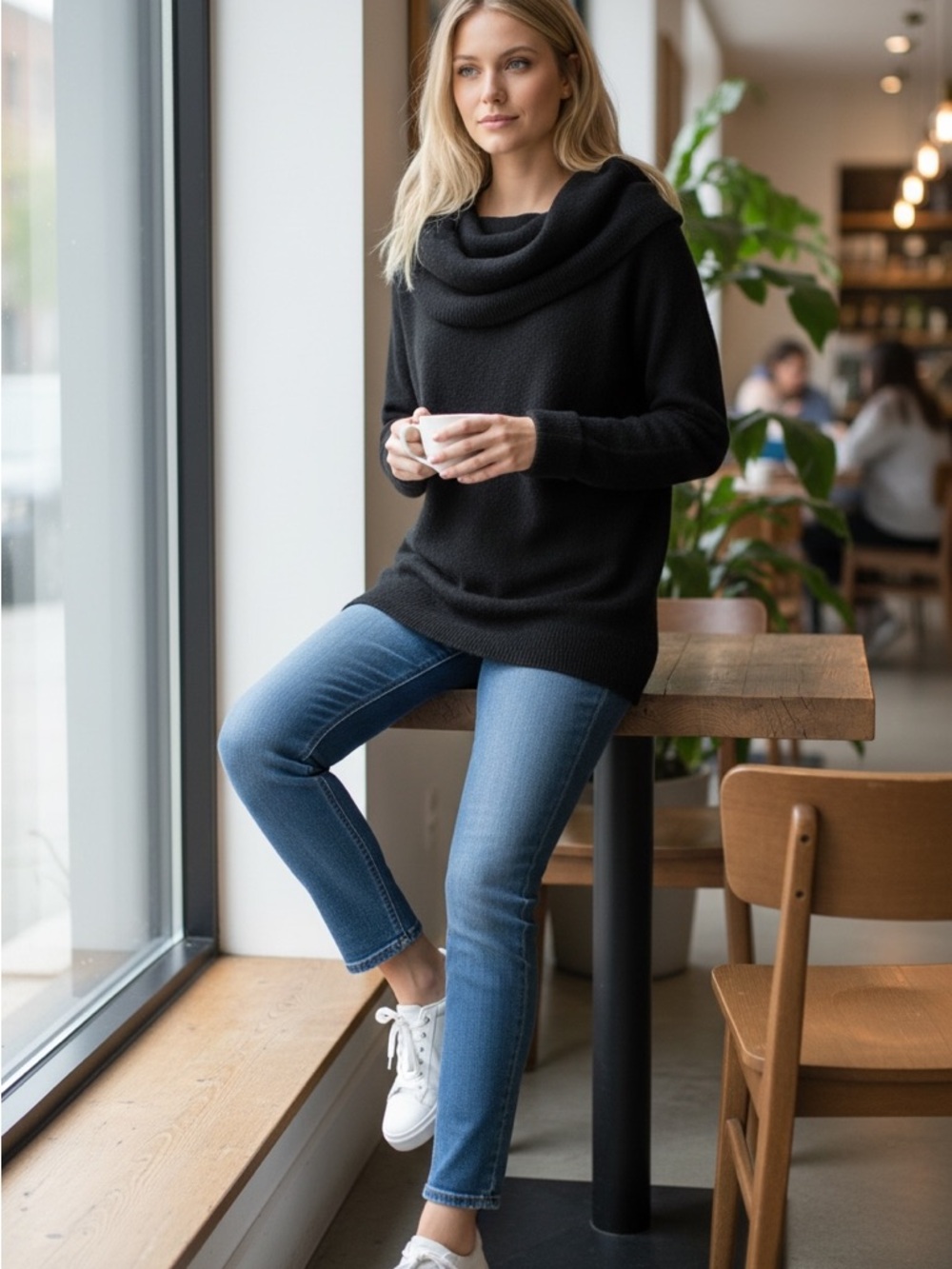 White House Black Market Black Draped Cowl Neck Sweater